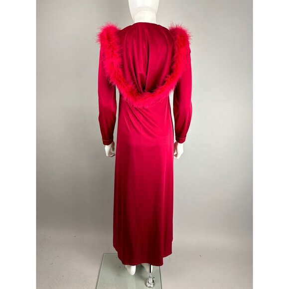 Vtg 70s Maroon Marabou Trim Hooded Robe w/ Maxi Disco Dress Set Size S/M - Picture 3 of 8